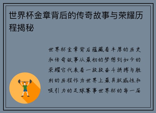 世界杯金章背后的传奇故事与荣耀历程揭秘